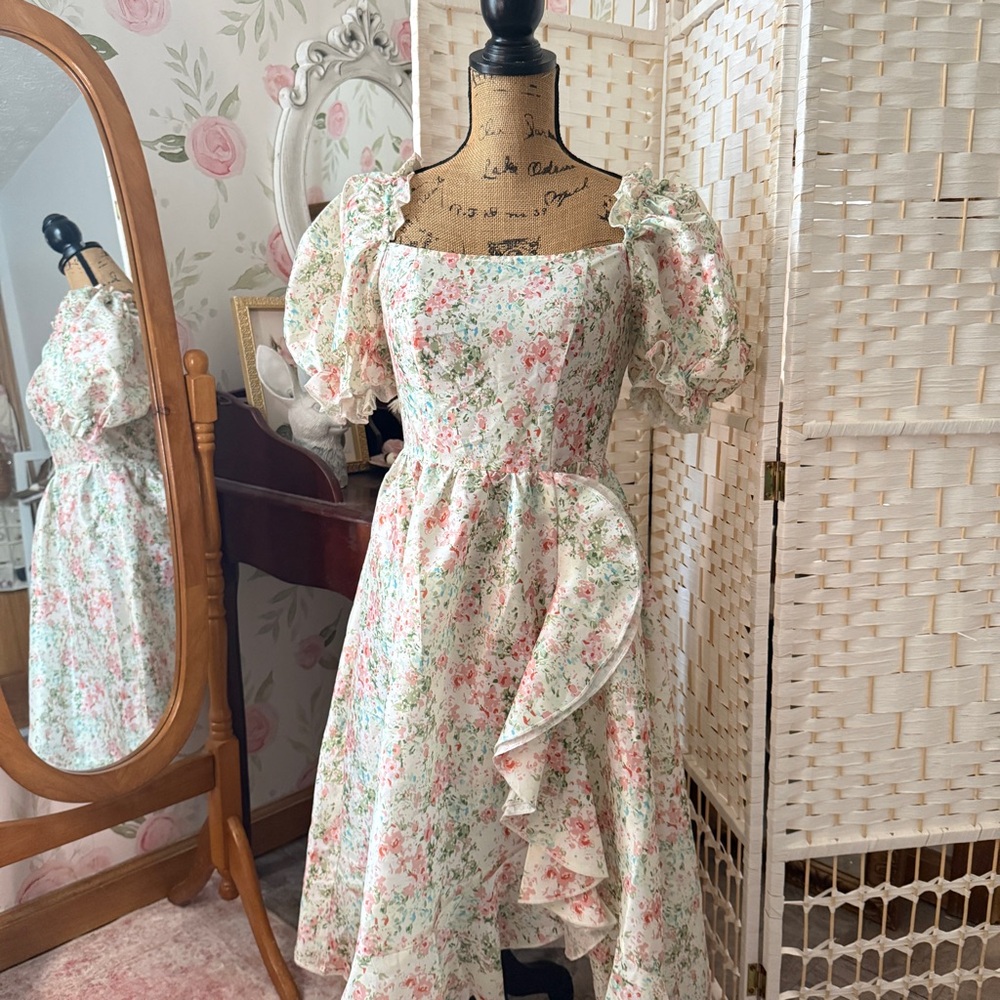 Floral Puff Sleeve Dress - Pastel Multicolor